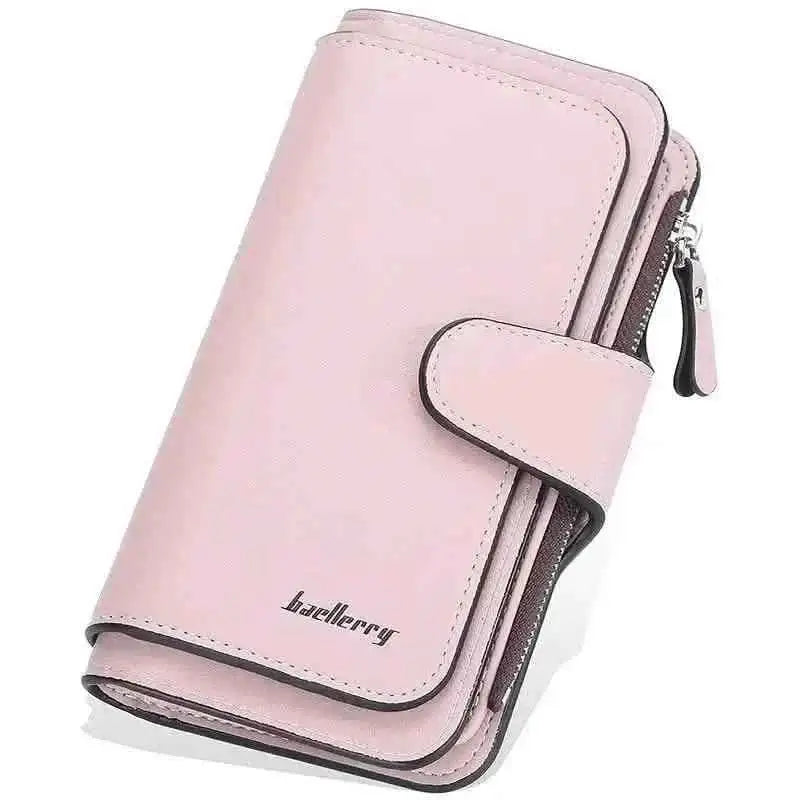 Pink faux leather wallet with fold-over tab, card slots, and zipper pocket