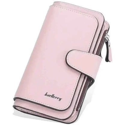Pink faux leather wallet with fold-over tab, card slots, and zipper pocket