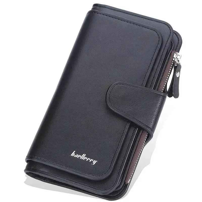 Black faux leather wallet with fold-over tab, card slots, and zipper pocket