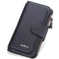 Black faux leather wallet with fold-over tab, card slots, and zipper pocket