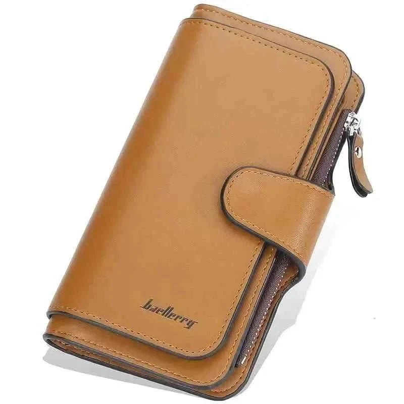 Brown faux leather wallet with fold-over tab, card slots, and zipper pocket