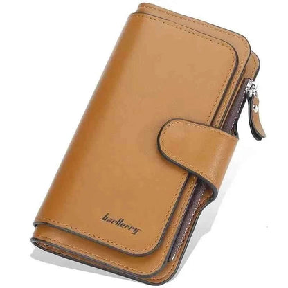 Brown faux leather wallet with fold-over tab, card slots, and zipper pocket