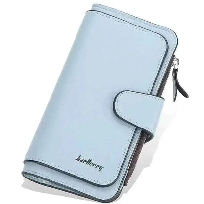 Light blue faux leather wallet with fold-over tab, card slots, and zipper pocket