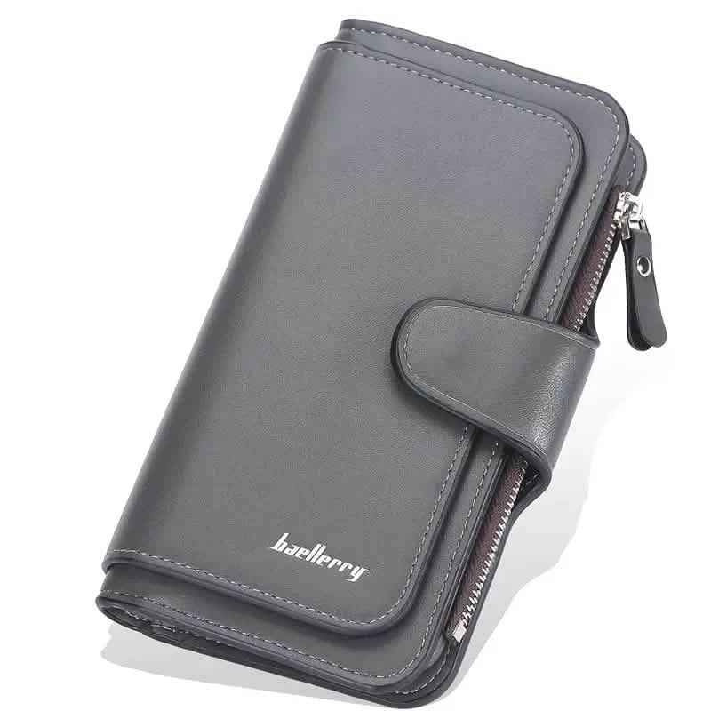 Gray faux leather wallet with fold-over tab, card slots, and zipper pocket