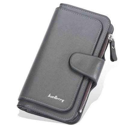 Gray faux leather wallet with fold-over tab, card slots, and zipper pocket