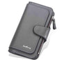 Gray faux leather wallet with fold-over tab, card slots, and zipper pocket