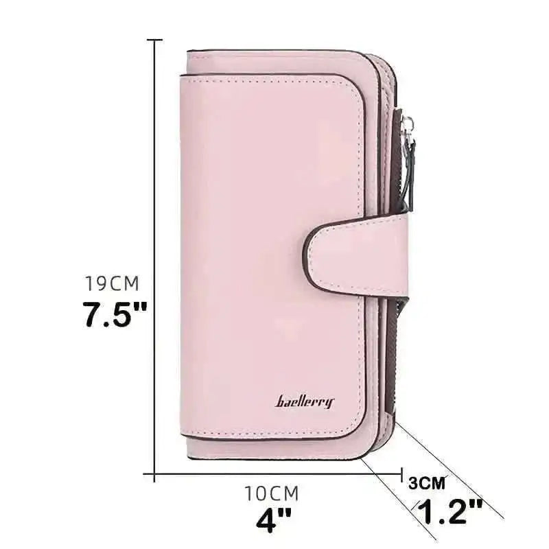 Pink faux leather wallet with fold-over tab, shown with 19cm x 10cm dimensions