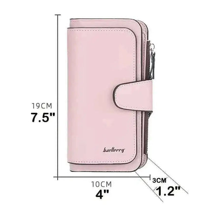 Pink faux leather wallet with fold-over tab, shown with 19cm x 10cm dimensions