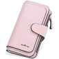 Pink faux leather wallet with fold-over tab, card slots, and zipper pocket