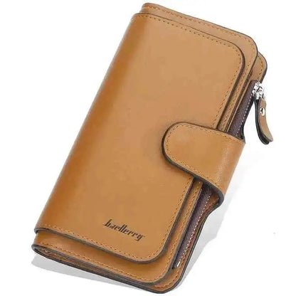 Brown faux leather wallet with fold-over tab, card slots, and zipper pocket