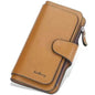 Brown faux leather wallet with fold-over tab, card slots, and zipper pocket