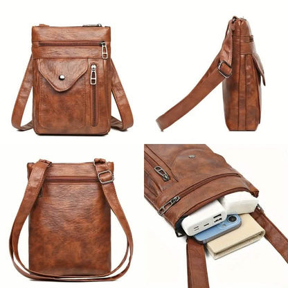 Brown leather crossbody bag showing front flap, side strap, and back pocket