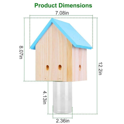 Wooden bee trap house with blue roof and clear cylinder base, size diagram