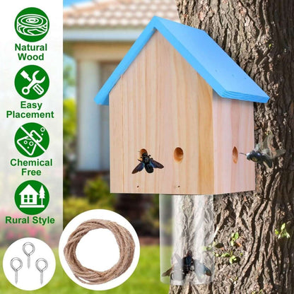 Wooden bee trap house with blue roof and clear cup base, plus hanging rope and screws