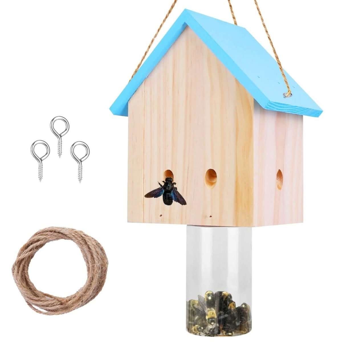 Carpenter bee trap house with blue roof, clear bottom cup, rope and metal hanging screws