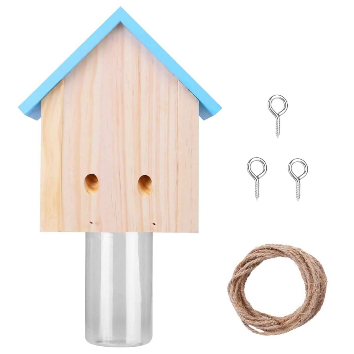 Wooden bee trap house with blue roof, clear cylinder base, rope and three hanging screws
