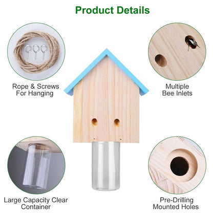Carpenter bee trap kit: wooden house with blue roof, rope, screws, clear container and holes