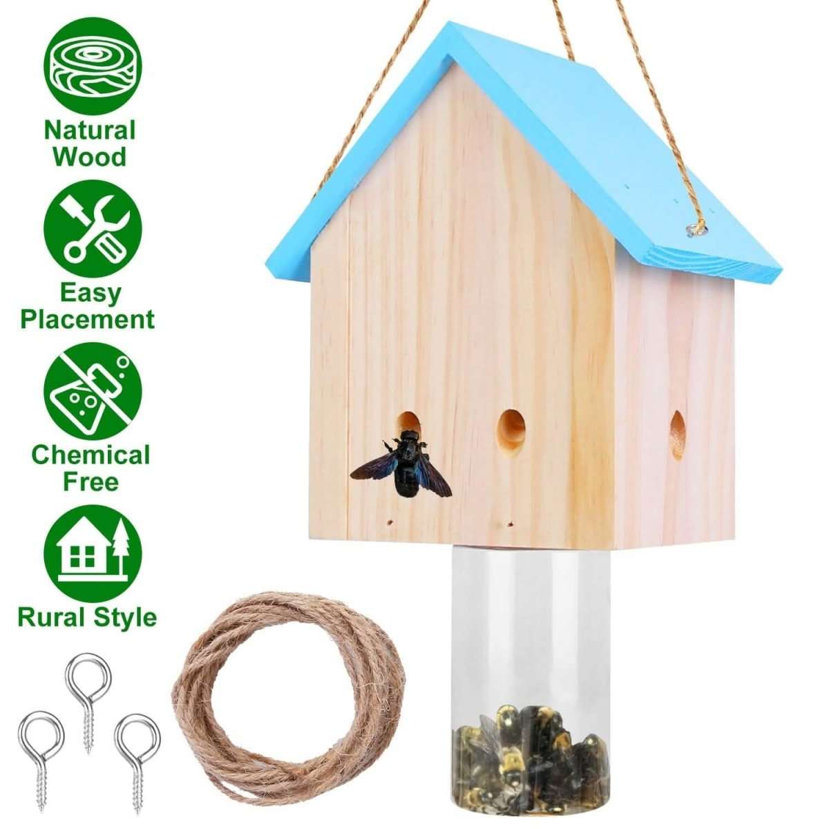 Carpenter bee trap house with blue roof, clear cup base, hanging rope loop and screws