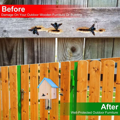 Carpenter bee trap house with blue roof on outdoor fence, capturing insects in clear cup