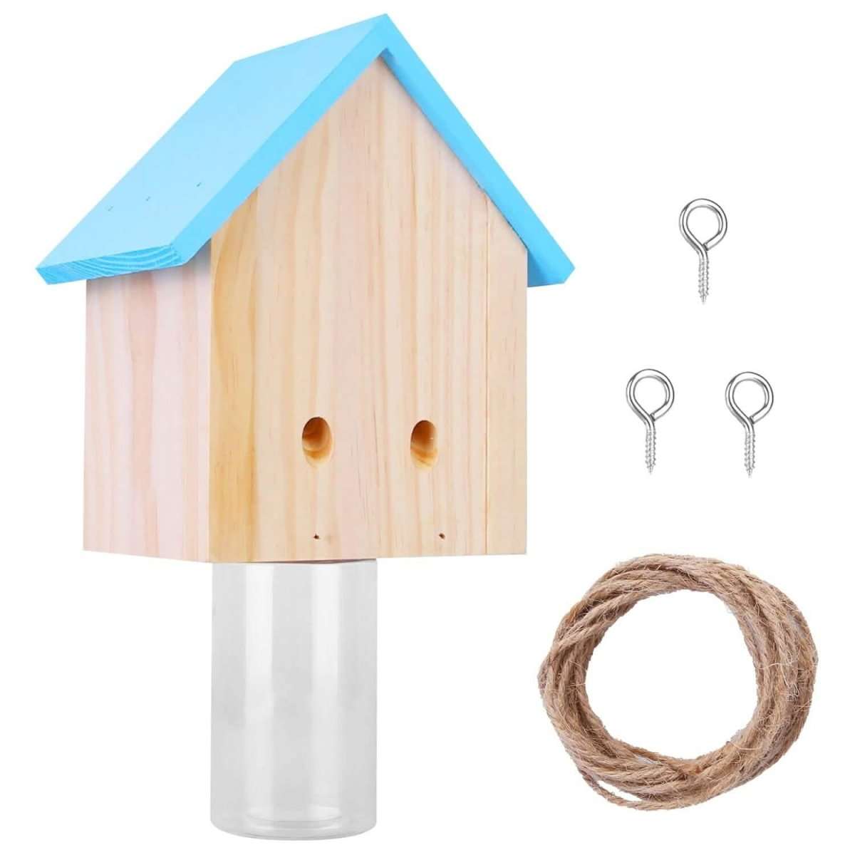 Wooden bee trap house with blue roof, clear cylinder base, rope and two hanging screws
