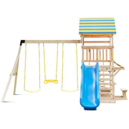 Wooden Swing Set with Large Upper Deck Slide and Steering Wheel Cartsfy Inc.