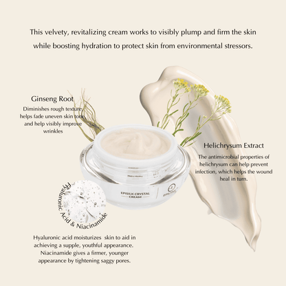 Open face cream jar with creamy beige swirl, ginseng and hellichrysum accents