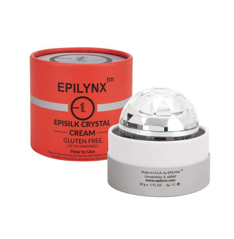 EpiLynx EpiSilk Crystal cream jar with clear dome lid and red container sleeve.