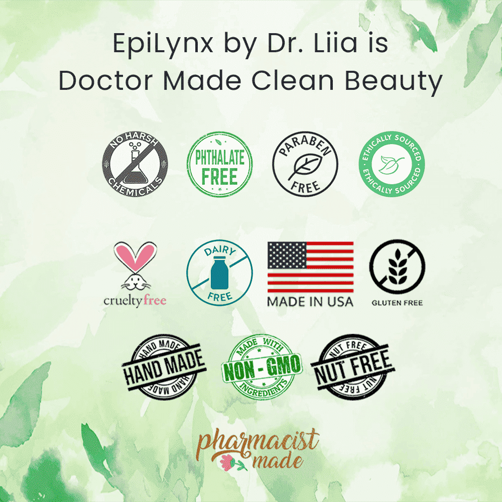 Clean beauty and certification icon badges for EpiLynx skincare, including gluten-free seal.