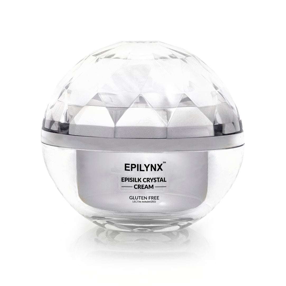 EpiLynx EpiSilk Crystal cream jar with clear faceted dome lid and gluten-free label.