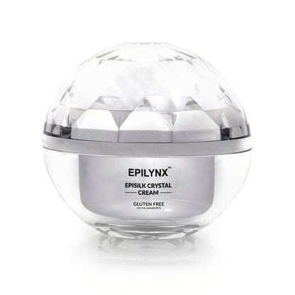 EpiLynx EpiSilk Crystal cream jar with clear faceted dome lid and gluten-free label.