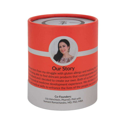 Red and white EpiLynx container with portrait medallion and “Our Story” text.