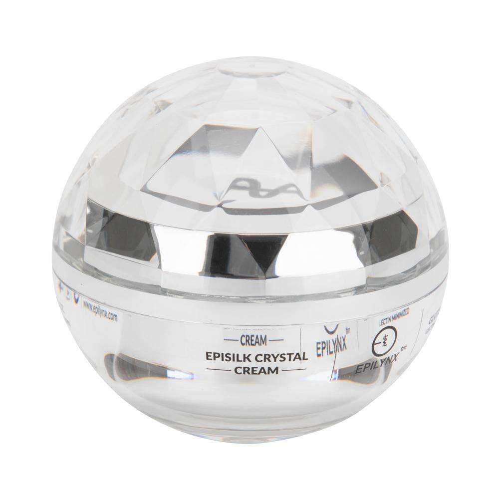 EpiLynx EpiSilk Crystal cream jar with clear faceted dome lid and front label panel.