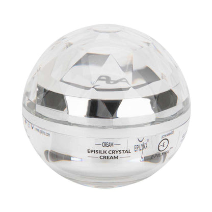 EpiLynx EpiSilk Crystal cream jar with clear faceted dome lid and front label panel.