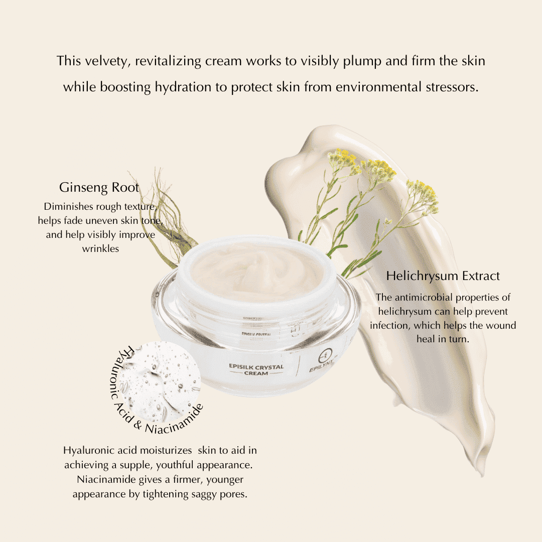 Open face cream jar with creamy beige swirl, ginseng and hellichrysum accents