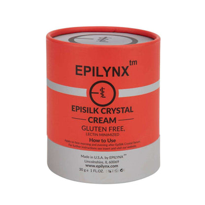EpiLynx EpiSilk Crystal cream gluten-free container in red with silver base.