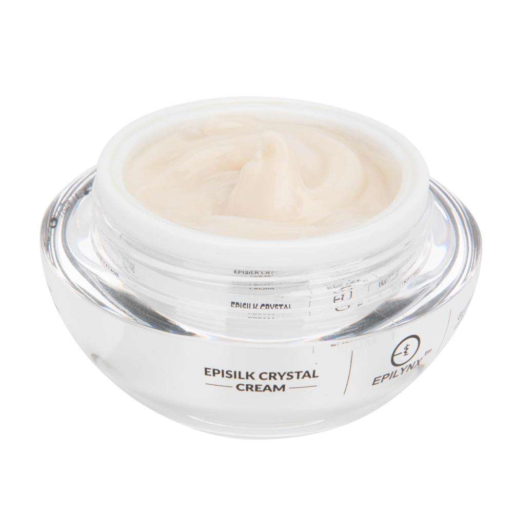 Clear jar of EpiLynx EpiSilk Crystal cream filled with light, pale cream.