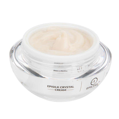 Clear jar of EpiLynx EpiSilk Crystal cream filled with light, pale cream.