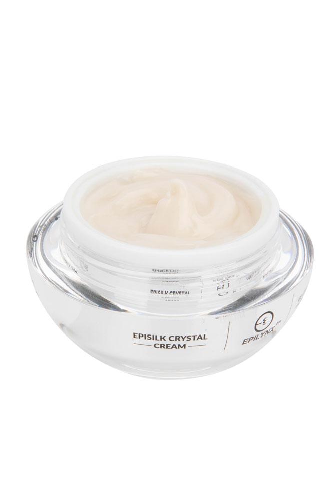 Moisturizing cream jar with silver lid, label reading EPISILK CRYSTAL CREAM