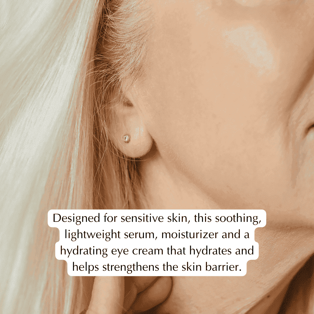 Neck and ear skin close-up with text overlay describing soothing serum and cream