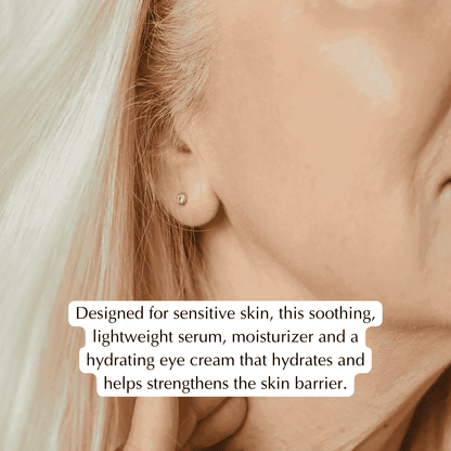 Neck and ear skin close-up with text overlay describing soothing serum and cream