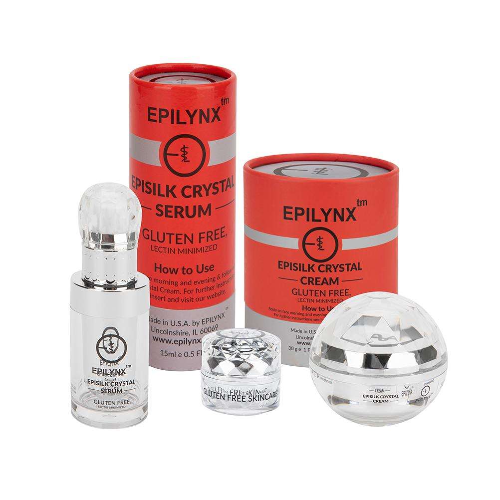 EpiLynx skincare set with red-labeled cream tubes, jar, and crystal-style container