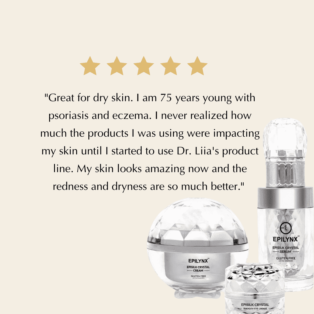EpiLynx crystal skincare jar, serum bottle, and cream container with gold stars