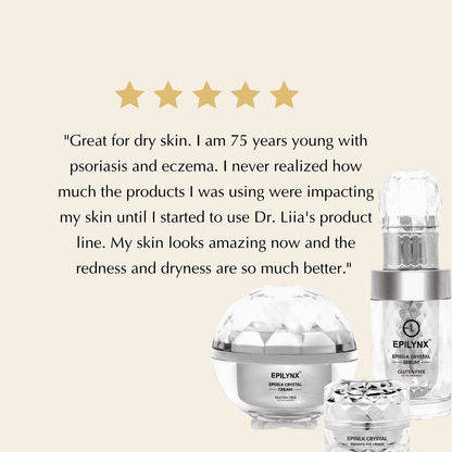 EpiLynx crystal skincare jar, serum bottle, and cream container with gold stars