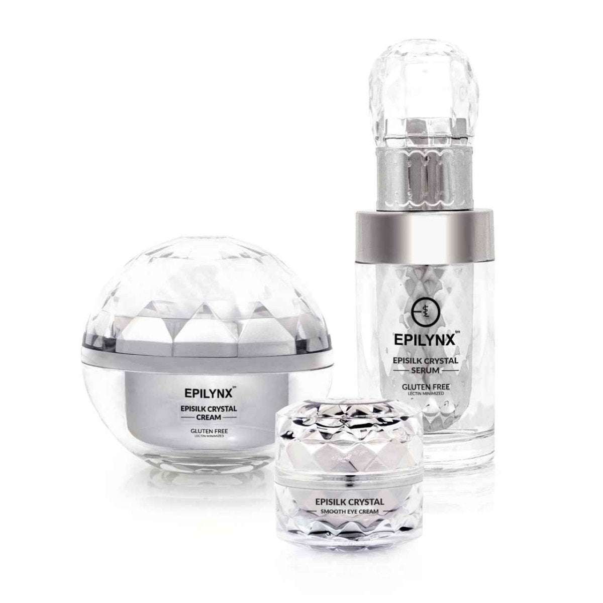 EpiLynx skincare set bottles and jar with crystal-textured caps, gluten-free label