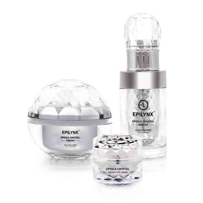 EpiLynx skincare set bottles and jar with crystal-textured caps, gluten-free label