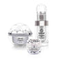 EpiLynx skincare set bottles and jar with crystal-textured caps, gluten-free label