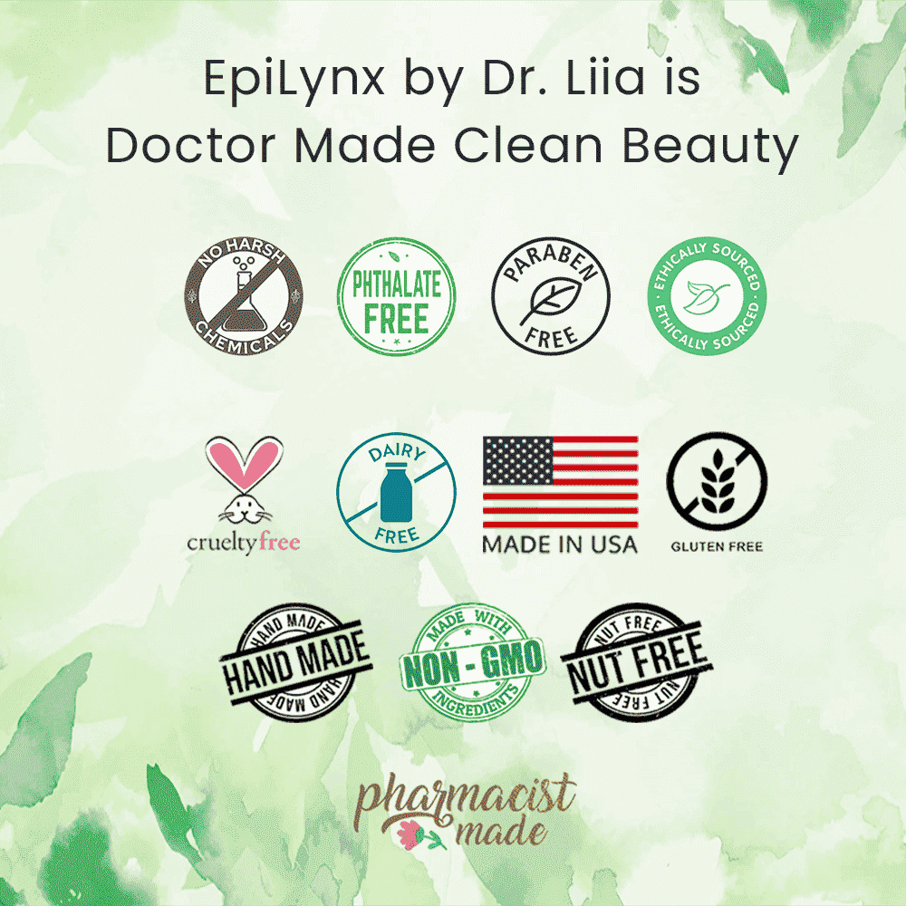 EpiLynx clean beauty ingredient and certification icons on a green background