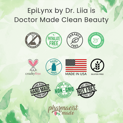 EpiLynx clean beauty ingredient and certification icons on a green background