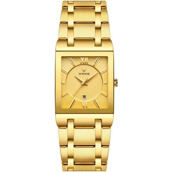 Men’s square date watch with gold dial and gold metal link bracelet