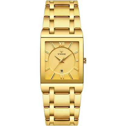 Men’s square date watch with gold dial and gold metal link bracelet